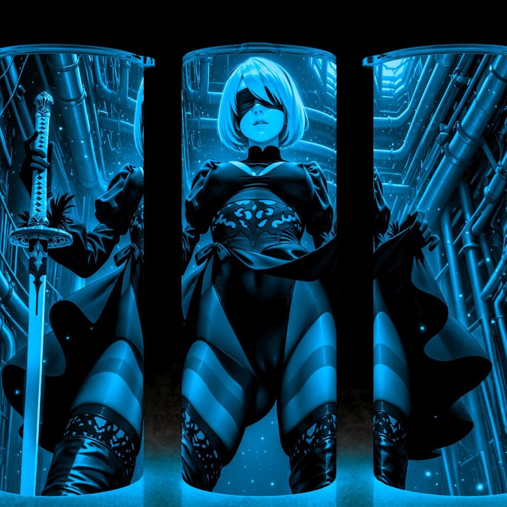 Glow in the Dark Nier Automata 2B with Samurai Sword Gaming Cup Mug Tumbler 20oz